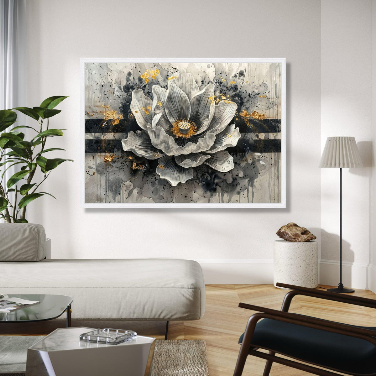 Elegant Monochrome Flower Canvas, Modern Floral Wall Art, Gold Accent Home Decor, Abstract Botanical Painting, Gift Art, Home Decor, Print