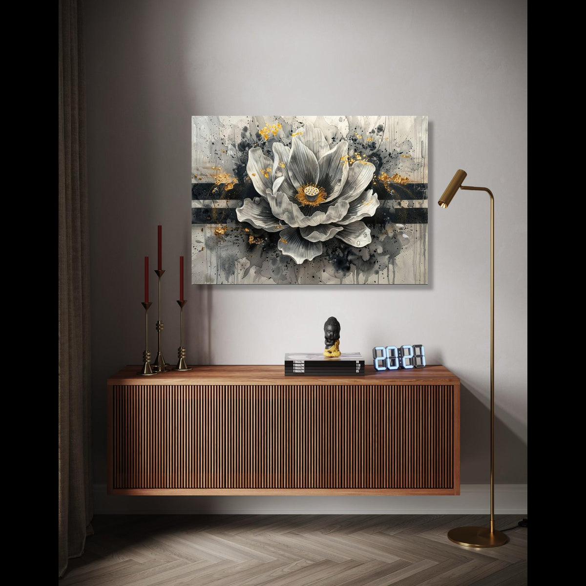 Elegant Monochrome Flower Canvas, Modern Floral Wall Art, Gold Accent Home Decor, Abstract Botanical Painting, Gift Art, Home Decor, Print