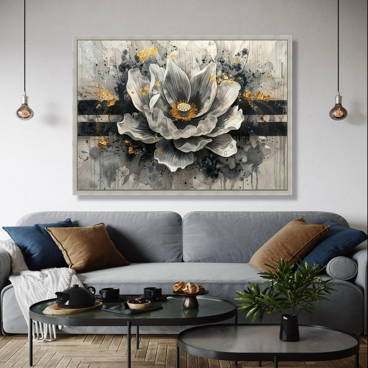 Elegant Monochrome Flower Canvas, Modern Floral Wall Art, Gold Accent Home Decor, Abstract Botanical Painting, Gift Art, Home Decor, Print