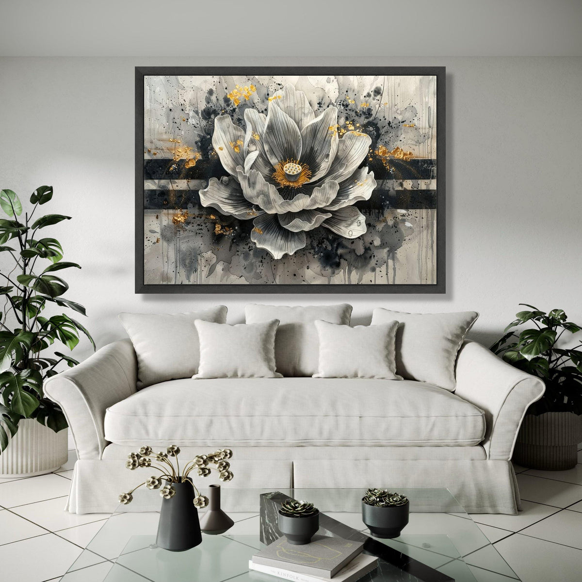 Elegant Monochrome Flower Canvas, Modern Floral Wall Art, Gold Accent Home Decor, Abstract Botanical Painting, Gift Art, Home Decor, Print