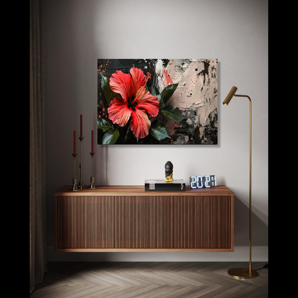 Vibrant Red Hibiscus Flower Canvas, Tropical Floral Wall Art, Modern Abstract Background, Botanical Canvas Gift Art, Home Decor, Print