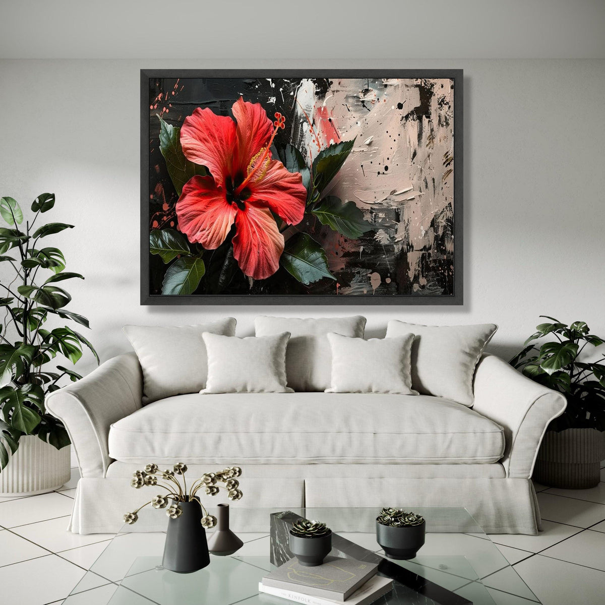 Vibrant Red Hibiscus Flower Canvas, Tropical Floral Wall Art, Modern Abstract Background, Botanical Canvas Gift Art, Home Decor, Print
