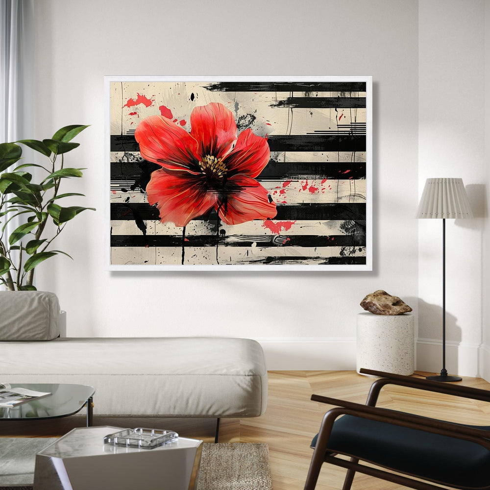 Bold Red Poppy Canvas Wall Art, Abstract Floral Painting, Modern Flower Art, Black and White Stripes, Gift Art, Home Decor, Print