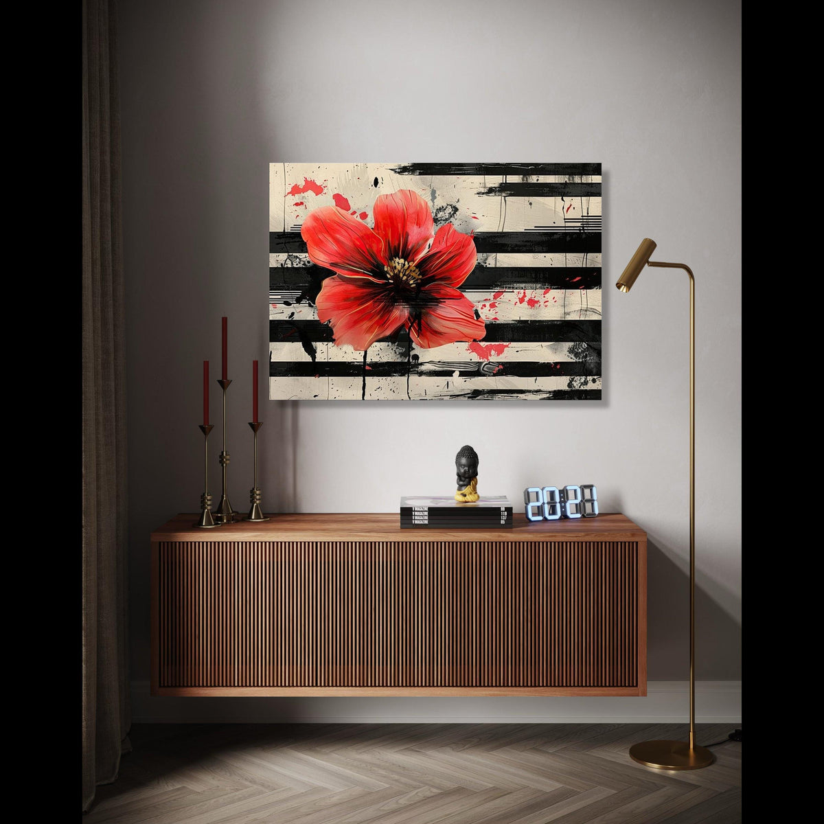 Bold Red Poppy Canvas Wall Art, Abstract Floral Painting, Modern Flower Art, Black and White Stripes, Gift Art, Home Decor, Print