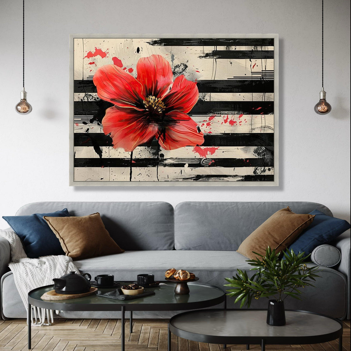 Bold Red Poppy Canvas Wall Art, Abstract Floral Painting, Modern Flower Art, Black and White Stripes, Gift Art, Home Decor, Print