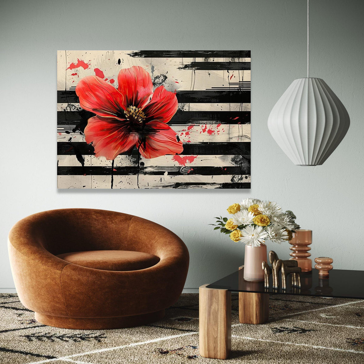 Bold Red Poppy Canvas Wall Art, Abstract Floral Painting, Modern Flower Art, Black and White Stripes, Gift Art, Home Decor, Print