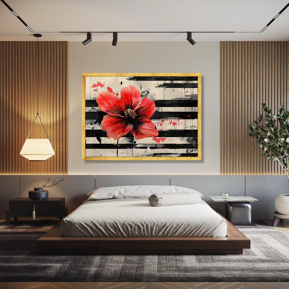 Bold Red Poppy Canvas Wall Art, Abstract Floral Painting, Modern Flower Art, Black and White Stripes, Gift Art, Home Decor, Print