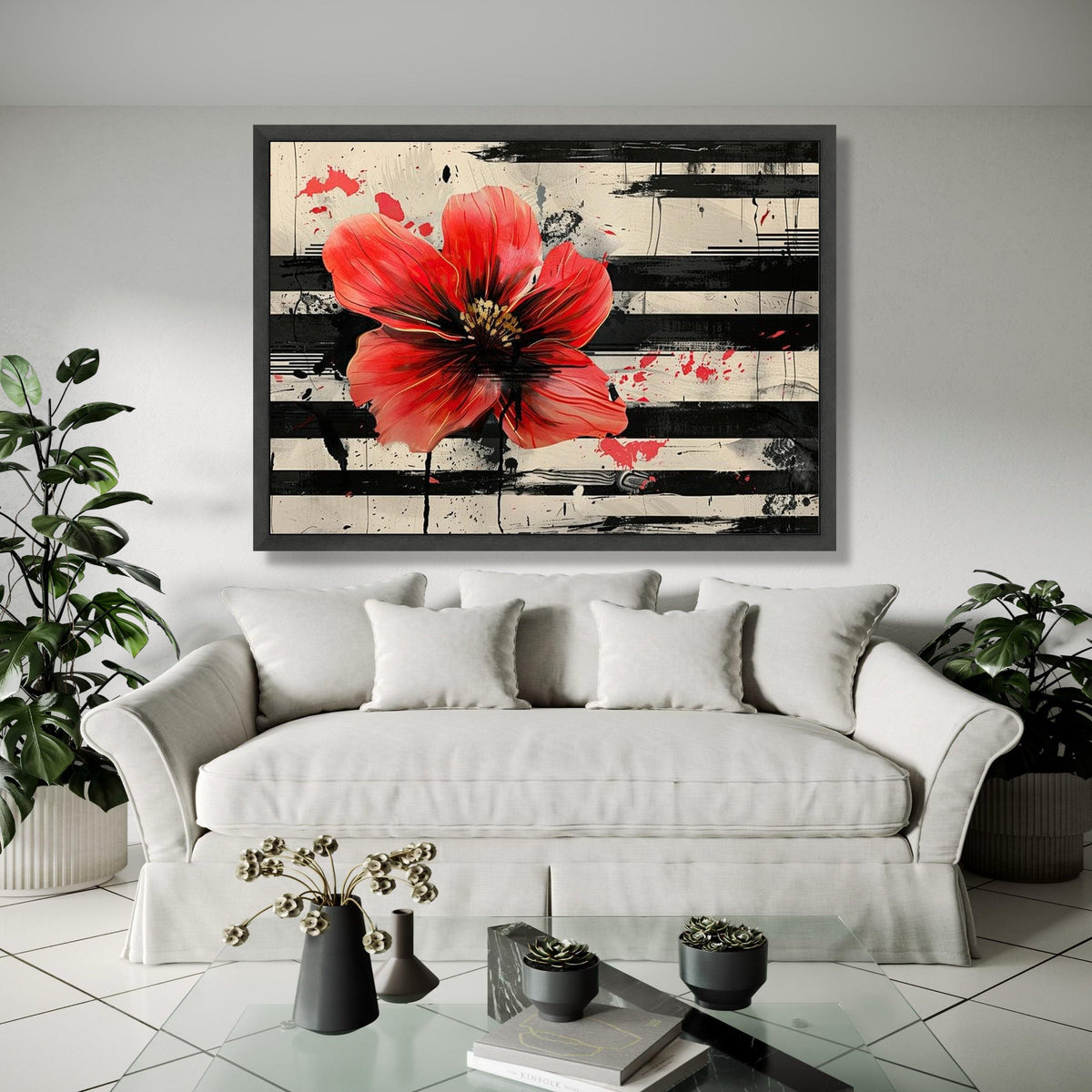 Bold Red Poppy Canvas Wall Art, Abstract Floral Painting, Modern Flower Art, Black and White Stripes, Gift Art, Home Decor, Print