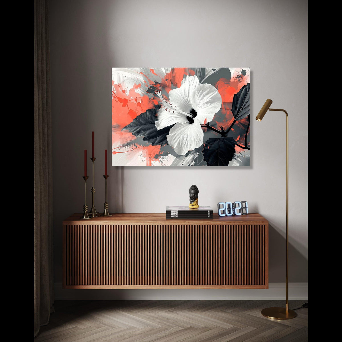 Modern White Hibiscus Flower Canvas, Abstract Floral Wall Art, Black and Coral Splash Background, Bold Botanical Gift Art, Home Decor, Print