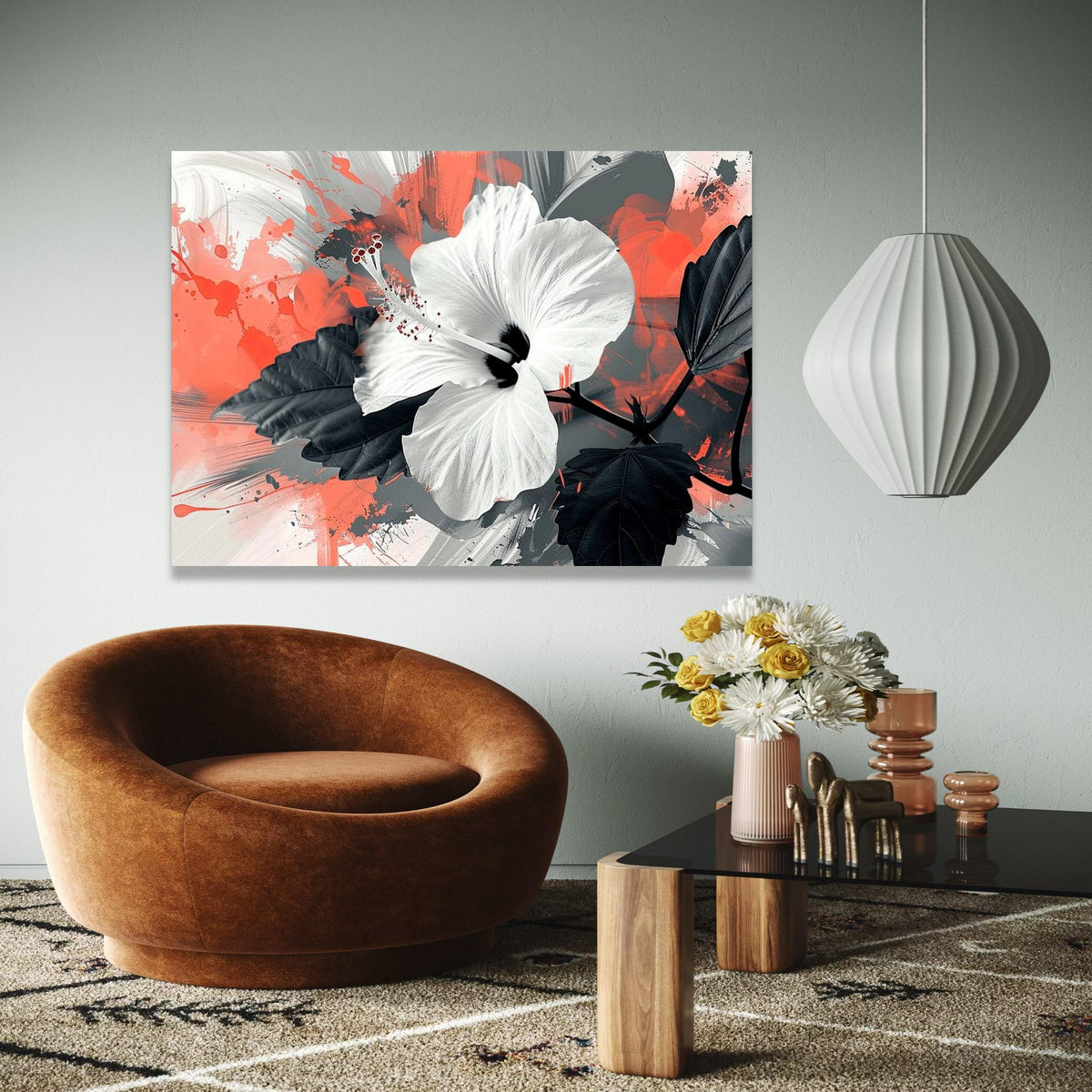 Modern White Hibiscus Flower Canvas, Abstract Floral Wall Art, Black and Coral Splash Background, Bold Botanical Gift Art, Home Decor, Print