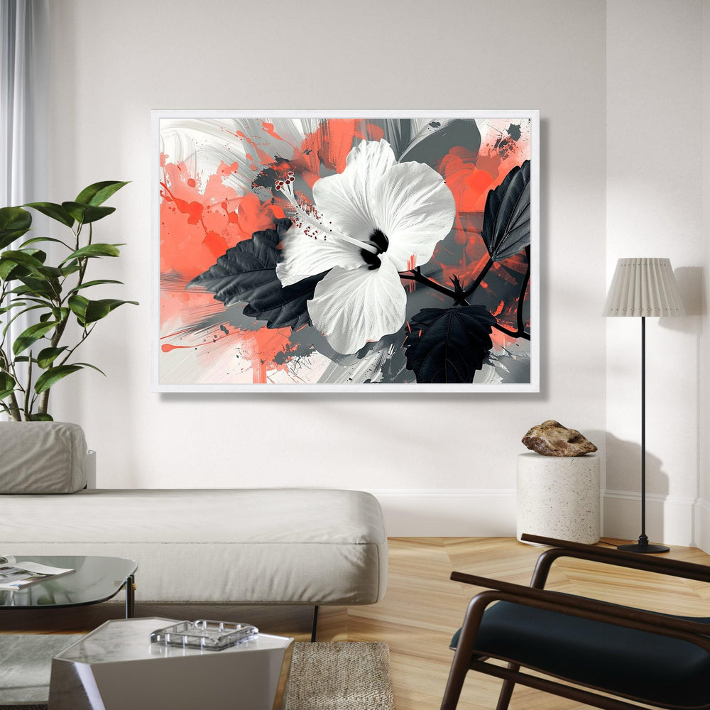 Modern White Hibiscus Flower Canvas, Abstract Floral Wall Art, Black and Coral Splash Background, Bold Botanical Gift Art, Home Decor, Print