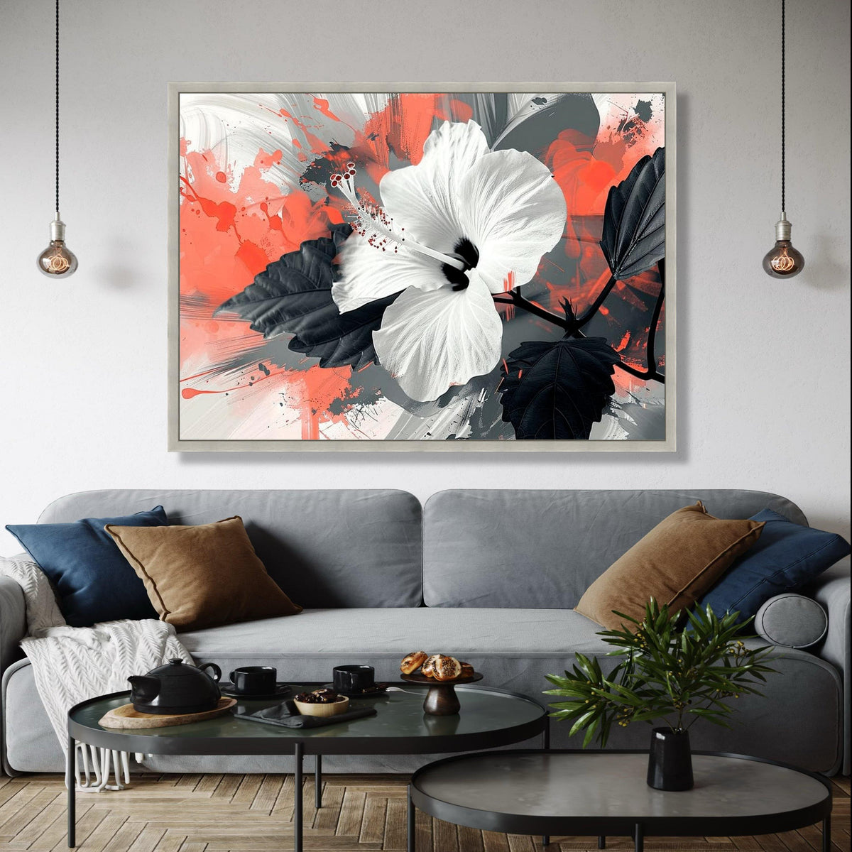 Modern White Hibiscus Flower Canvas, Abstract Floral Wall Art, Black and Coral Splash Background, Bold Botanical Gift Art, Home Decor, Print