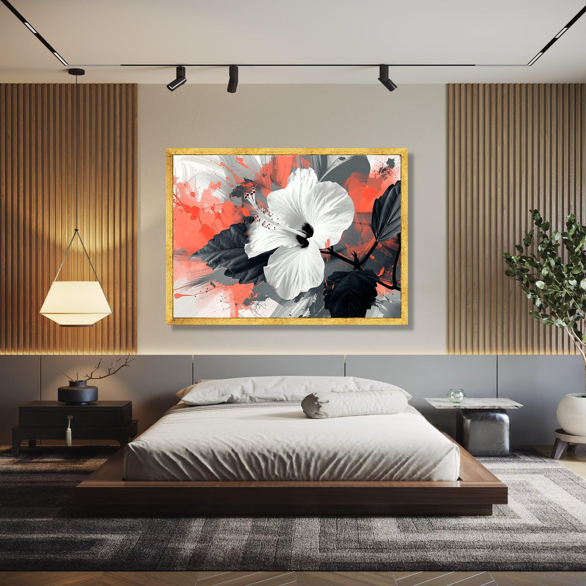Modern White Hibiscus Flower Canvas, Abstract Floral Wall Art, Black and Coral Splash Background, Bold Botanical Gift Art, Home Decor, Print