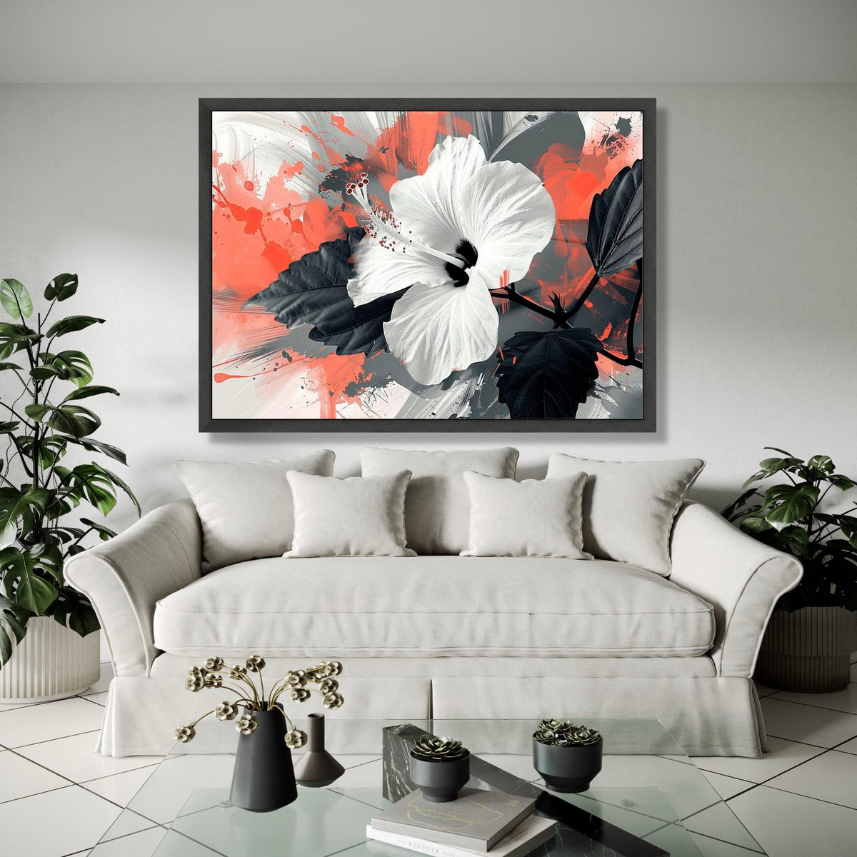 Modern White Hibiscus Flower Canvas, Abstract Floral Wall Art, Black and Coral Splash Background, Bold Botanical Gift Art, Home Decor, Print