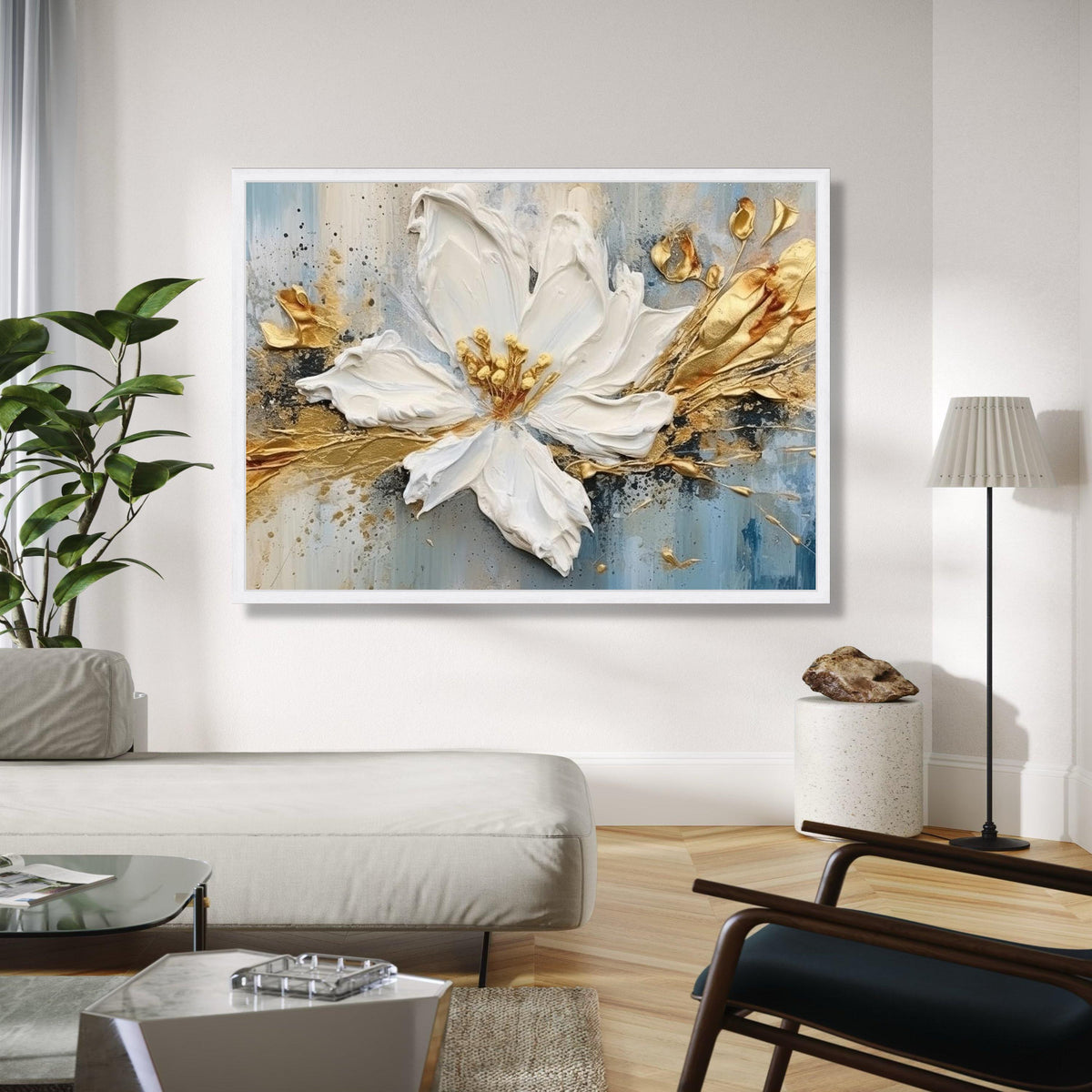 Elegant White Flower Canvas, Floral Wall Art, Gold Accent Painting, Contemporary Home Decor, Handmade Canvas Gift Art, Home Decor, Print