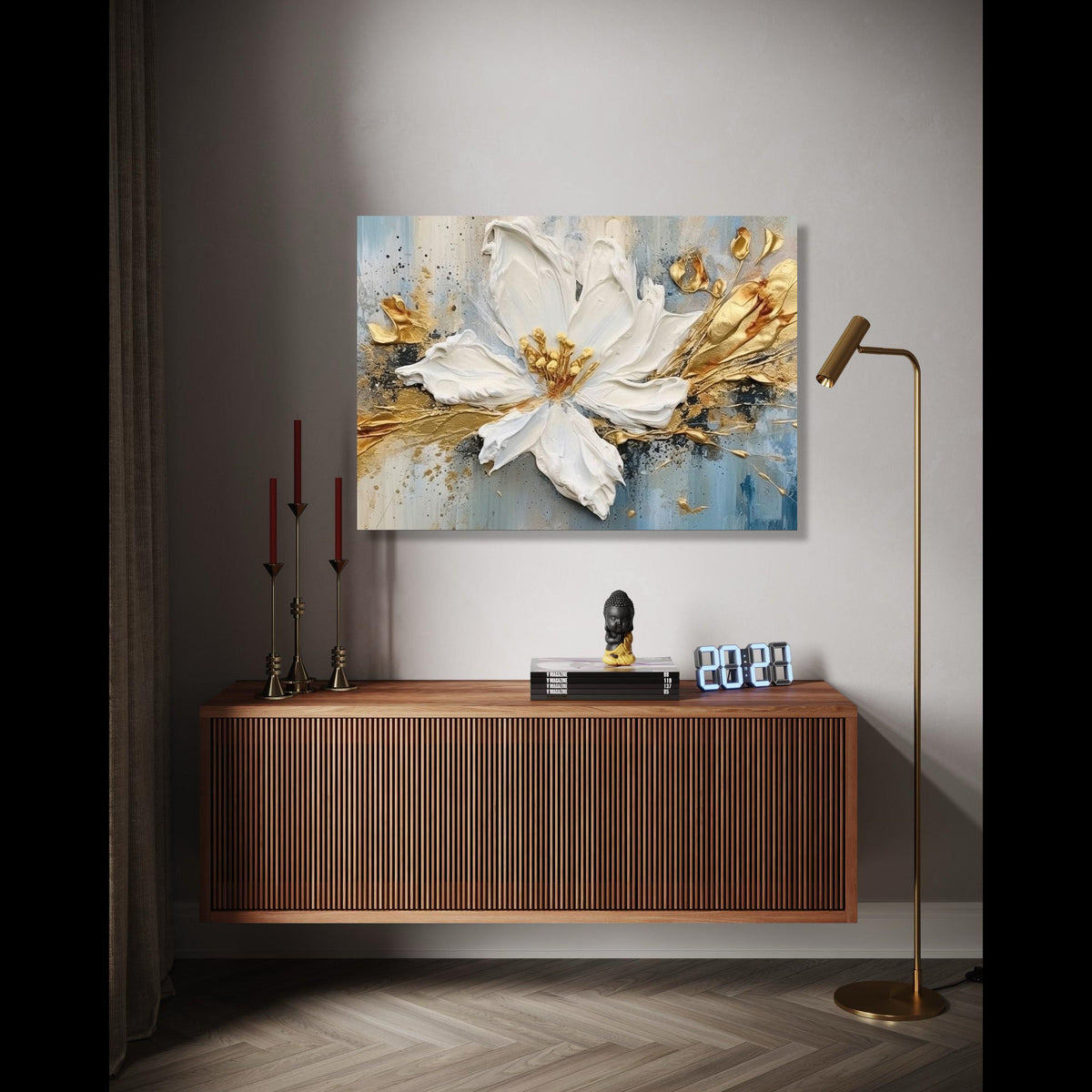 Elegant White Flower Canvas, Floral Wall Art, Gold Accent Painting, Contemporary Home Decor, Handmade Canvas Gift Art, Home Decor, Print