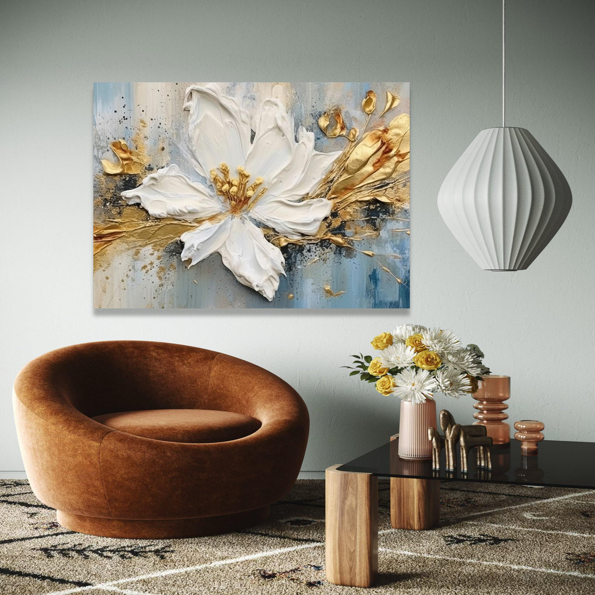 Elegant White Flower Canvas, Floral Wall Art, Gold Accent Painting, Contemporary Home Decor, Handmade Canvas Gift Art, Home Decor, Print