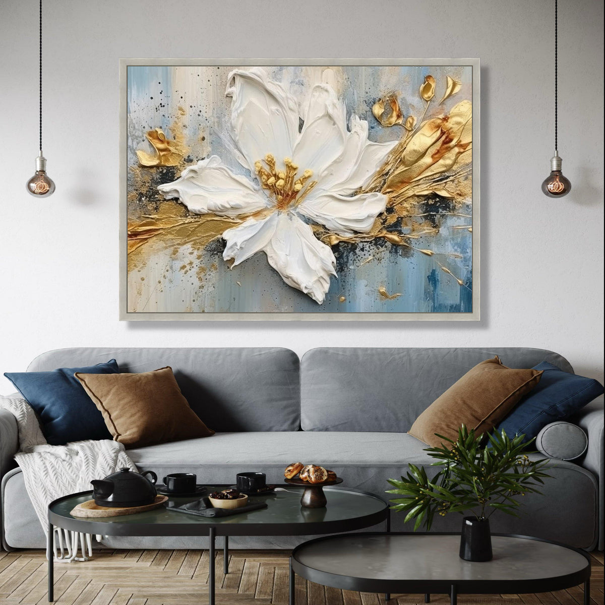Elegant White Flower Canvas, Floral Wall Art, Gold Accent Painting, Contemporary Home Decor, Handmade Canvas Gift Art, Home Decor, Print