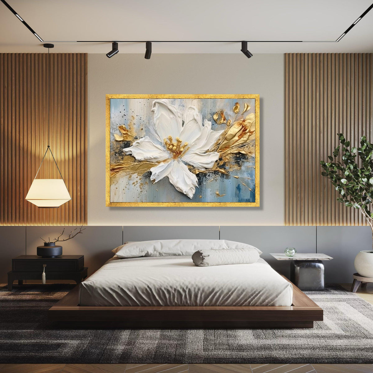 Elegant White Flower Canvas, Floral Wall Art, Gold Accent Painting, Contemporary Home Decor, Handmade Canvas Gift Art, Home Decor, Print