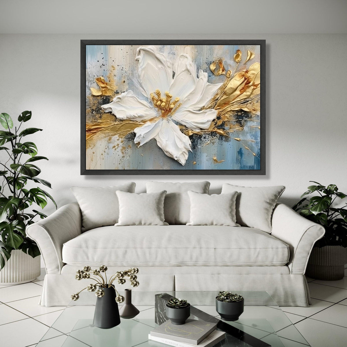Elegant White Flower Canvas, Floral Wall Art, Gold Accent Painting, Contemporary Home Decor, Handmade Canvas Gift Art, Home Decor, Print