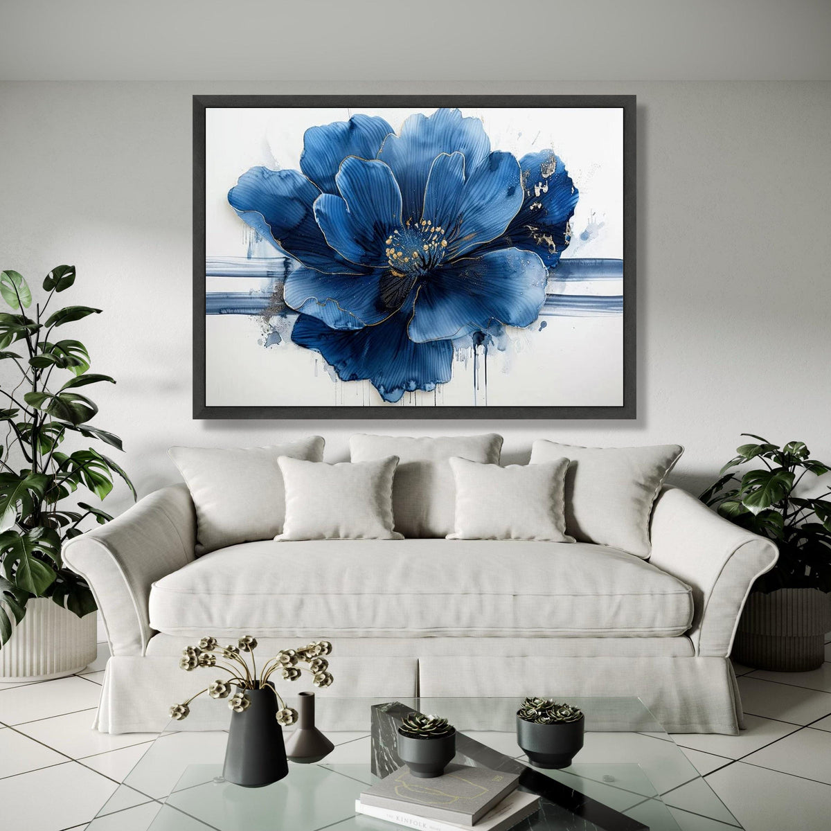 Elegant Blue Flower Canvas, Abstract Floral Wall Art, Modern Nature Canvas, Gold Accent Flower Painting, Home Gift Art, Home Decor, Print