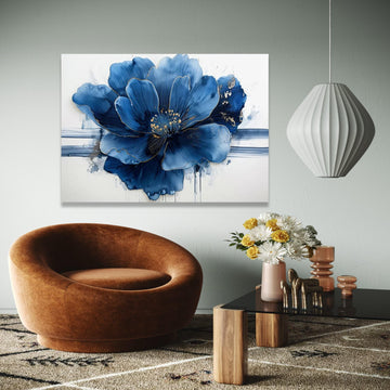 Elegant Blue Flower Canvas, Abstract Floral Wall Art, Modern Nature Canvas, Gold Accent Flower Painting, Home Gift Art, Home Decor, Print