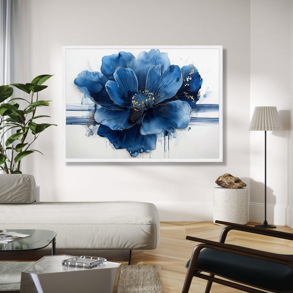 Elegant Blue Flower Canvas, Abstract Floral Wall Art, Modern Nature Canvas, Gold Accent Flower Painting, Home Gift Art, Home Decor, Print