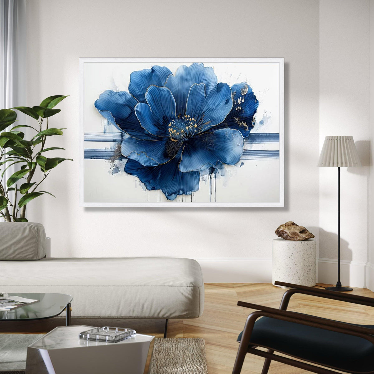 Elegant Blue Flower Canvas, Abstract Floral Wall Art, Modern Nature Canvas, Gold Accent Flower Painting, Home Gift Art, Home Decor, Print