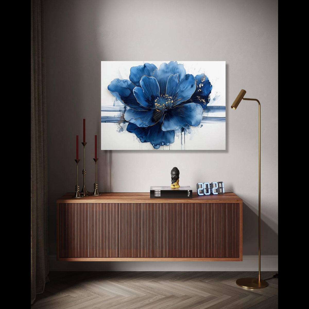 Elegant Blue Flower Canvas, Abstract Floral Wall Art, Modern Nature Canvas, Gold Accent Flower Painting, Home Gift Art, Home Decor, Print