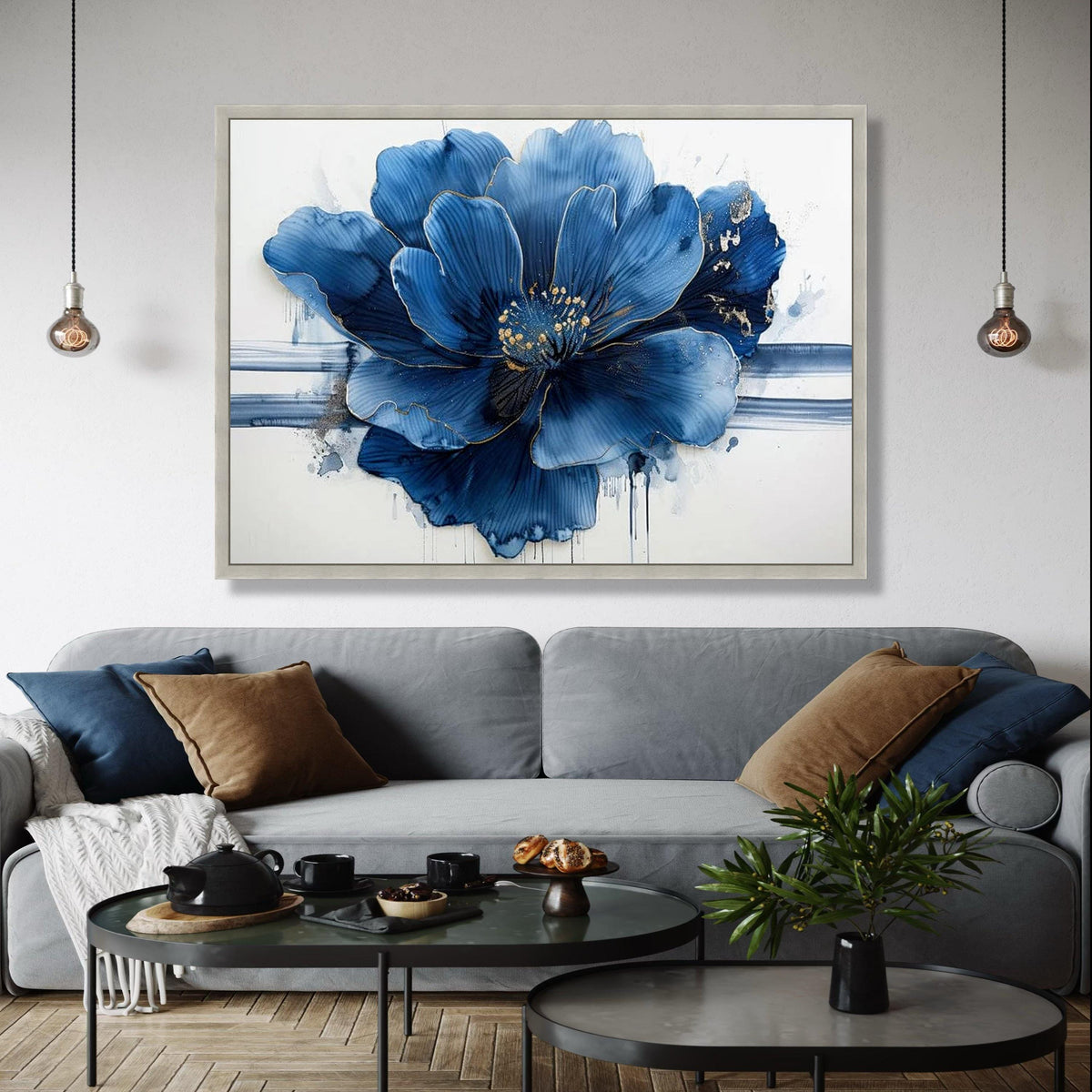 Elegant Blue Flower Canvas, Abstract Floral Wall Art, Modern Nature Canvas, Gold Accent Flower Painting, Home Gift Art, Home Decor, Print