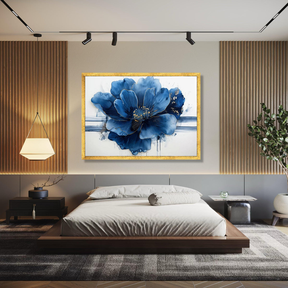 Elegant Blue Flower Canvas, Abstract Floral Wall Art, Modern Nature Canvas, Gold Accent Flower Painting, Home Gift Art, Home Decor, Print