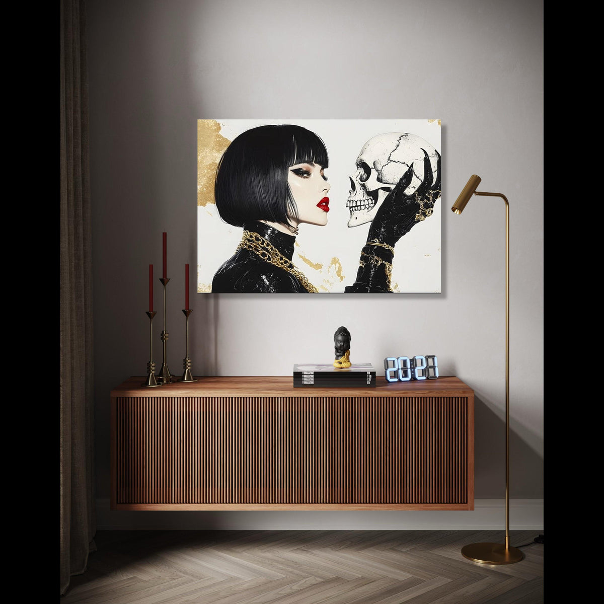 Gothic Elegance Woman with Skull Canvas, Dark Fashion Wall Art, Modern Gothic Home Decor, Edgy Portrait Canvas, Gift Art, Home Decor, Print