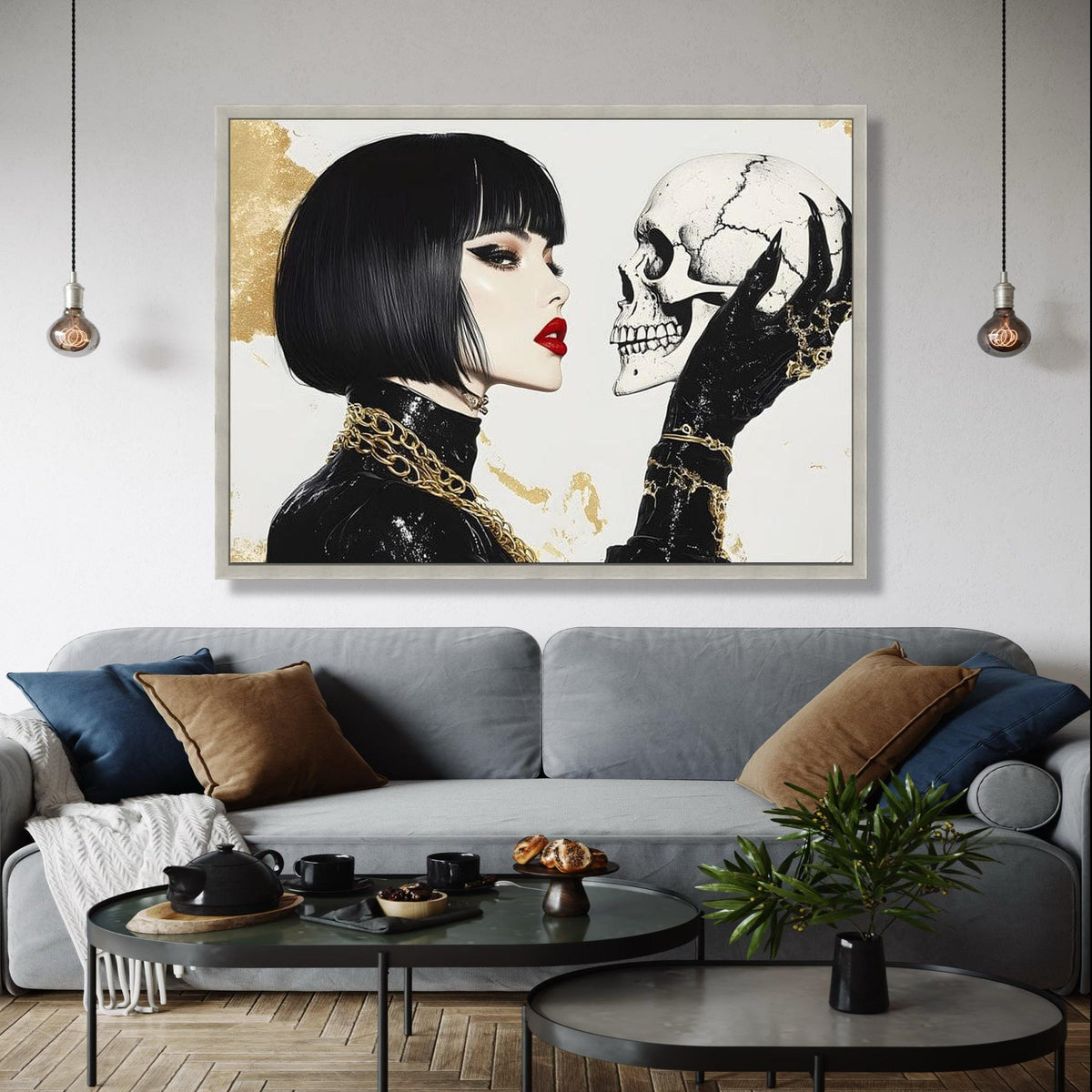 Gothic Elegance Woman with Skull Canvas, Dark Fashion Wall Art, Modern Gothic Home Decor, Edgy Portrait Canvas, Gift Art, Home Decor, Print