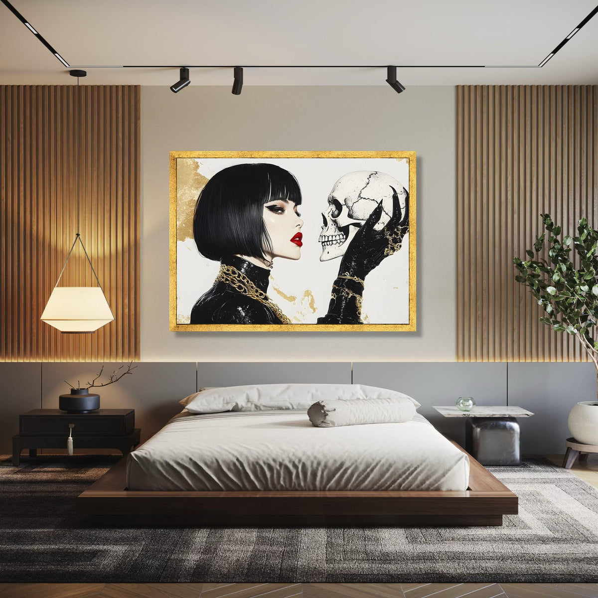 Gothic Elegance Woman with Skull Canvas, Dark Fashion Wall Art, Modern Gothic Home Decor, Edgy Portrait Canvas, Gift Art, Home Decor, Print