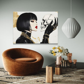 Gothic Elegance Woman with Skull Canvas, Dark Fashion Wall Art, Modern Gothic Home Decor, Edgy Portrait Canvas, Gift Art, Home Decor, Print