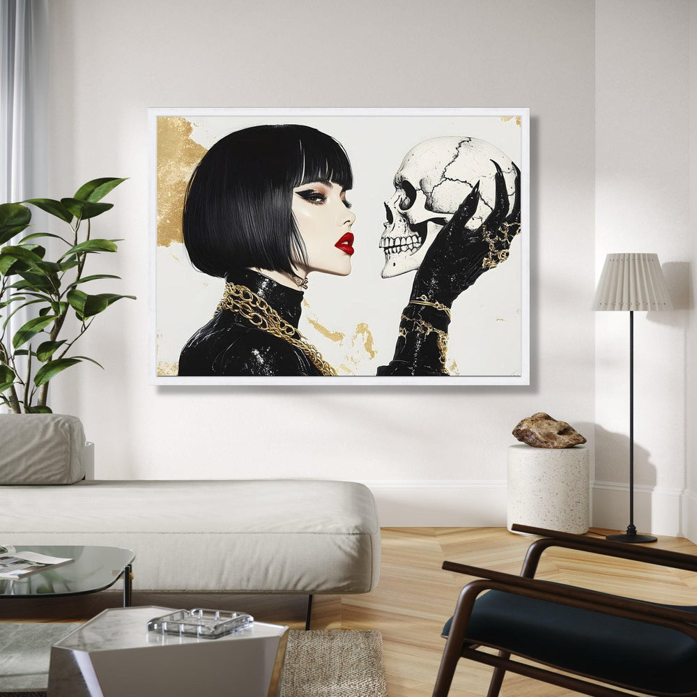 Gothic Elegance Woman with Skull Canvas, Dark Fashion Wall Art, Modern Gothic Home Decor, Edgy Portrait Canvas, Gift Art, Home Decor, Print