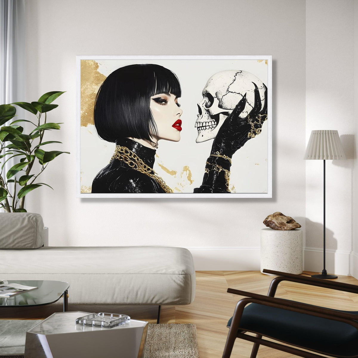 Gothic Elegance Woman with Skull Canvas, Dark Fashion Wall Art, Modern Gothic Home Decor, Edgy Portrait Canvas, Gift Art, Home Decor, Print