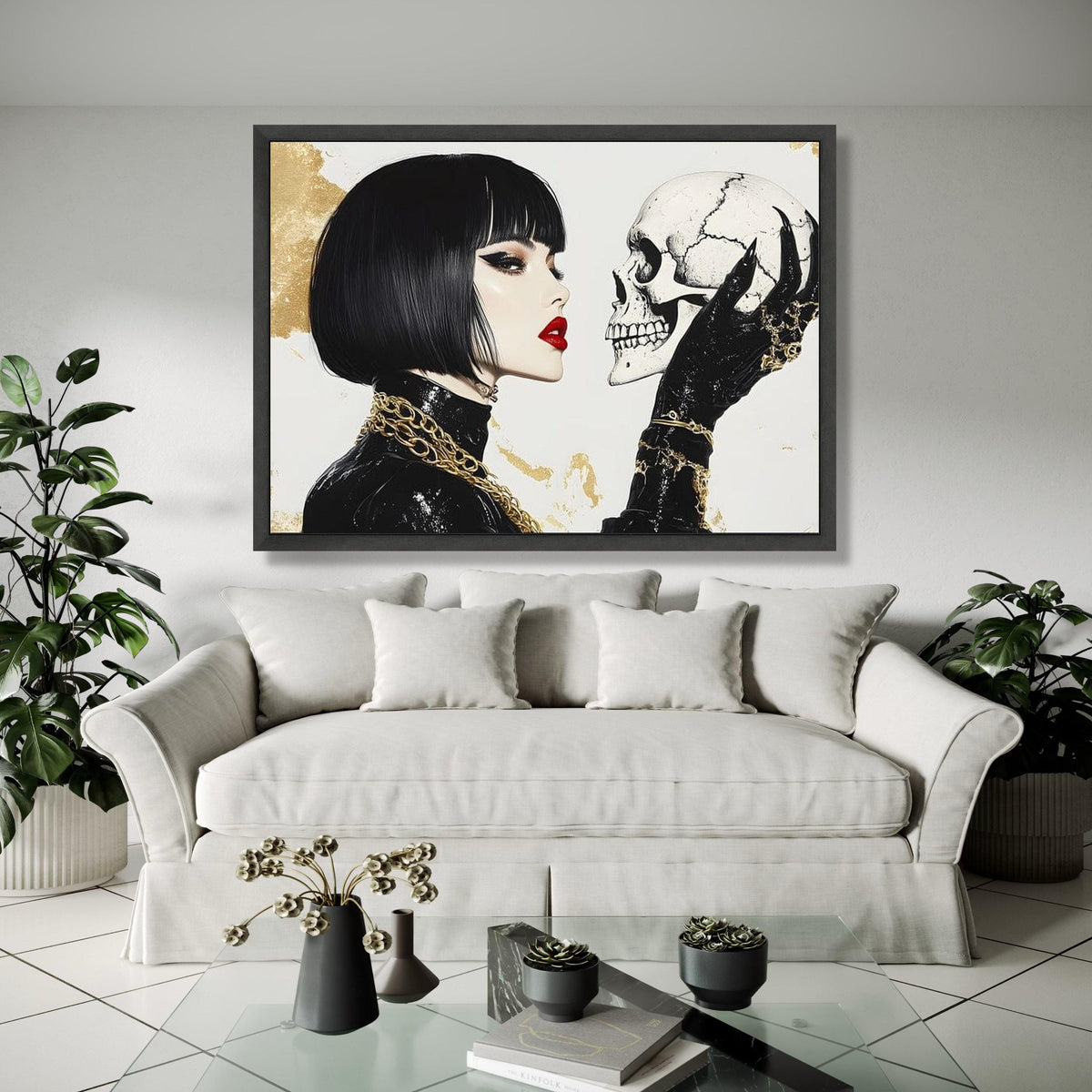 Gothic Elegance Woman with Skull Canvas, Dark Fashion Wall Art, Modern Gothic Home Decor, Edgy Portrait Canvas, Gift Art, Home Decor, Print