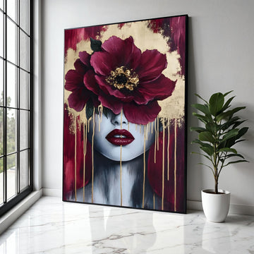 Modern Floral Face Canvas, Abstract Woman Portrait Wall Art, Burgundy Red Peony Canvas, Gold Accent Home Decor, Gift Art, Home Decor, Print