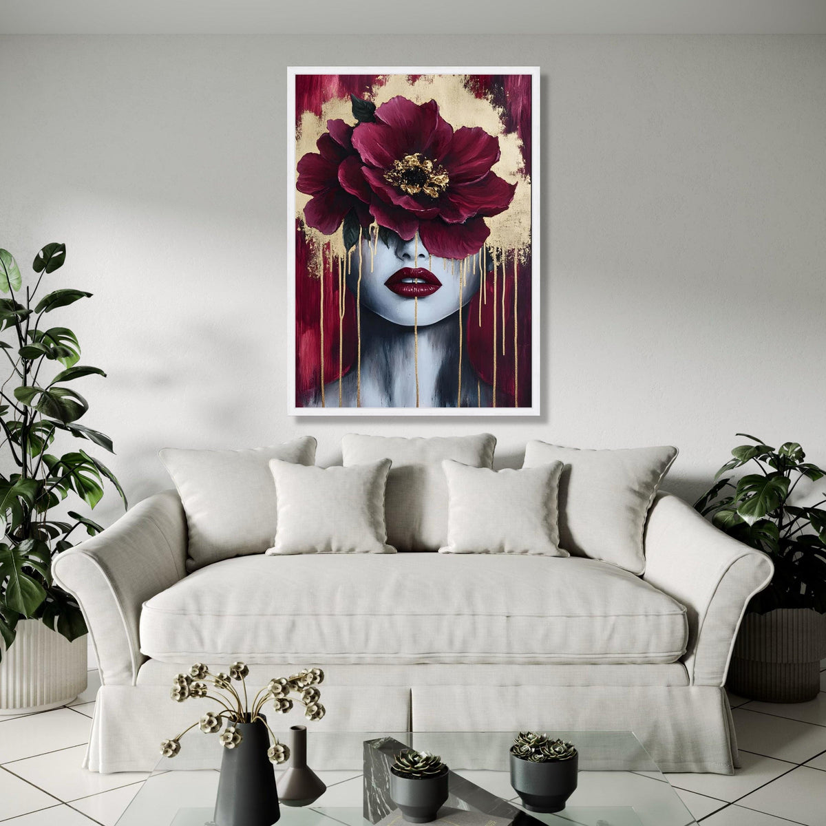 Modern Floral Face Canvas, Abstract Woman Portrait Wall Art, Burgundy Red Peony Canvas, Gold Accent Home Decor, Gift Art, Home Decor, Print