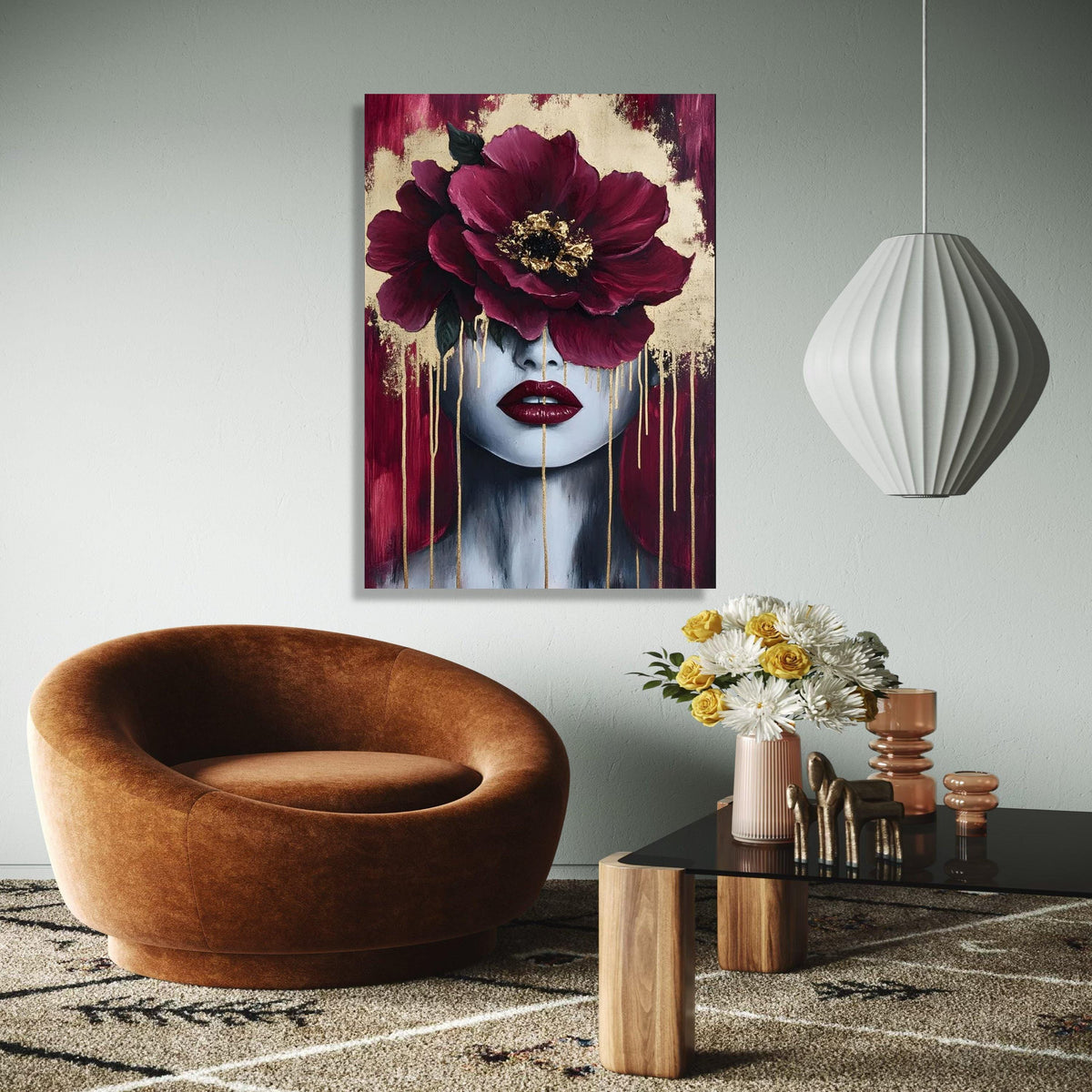 Modern Floral Face Canvas, Abstract Woman Portrait Wall Art, Burgundy Red Peony Canvas, Gold Accent Home Decor, Gift Art, Home Decor, Print