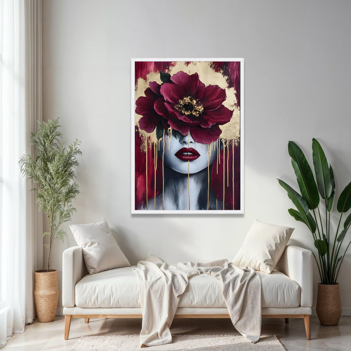 Modern Floral Face Canvas, Abstract Woman Portrait Wall Art, Burgundy Red Peony Canvas, Gold Accent Home Decor, Gift Art, Home Decor, Print