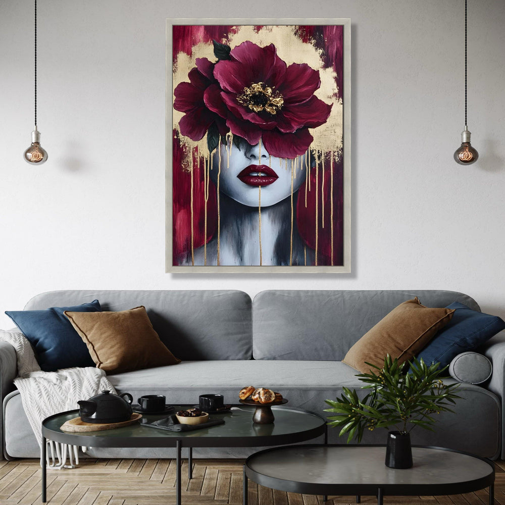 Modern Floral Face Canvas, Abstract Woman Portrait Wall Art, Burgundy Red Peony Canvas, Gold Accent Home Decor, Gift Art, Home Decor, Print