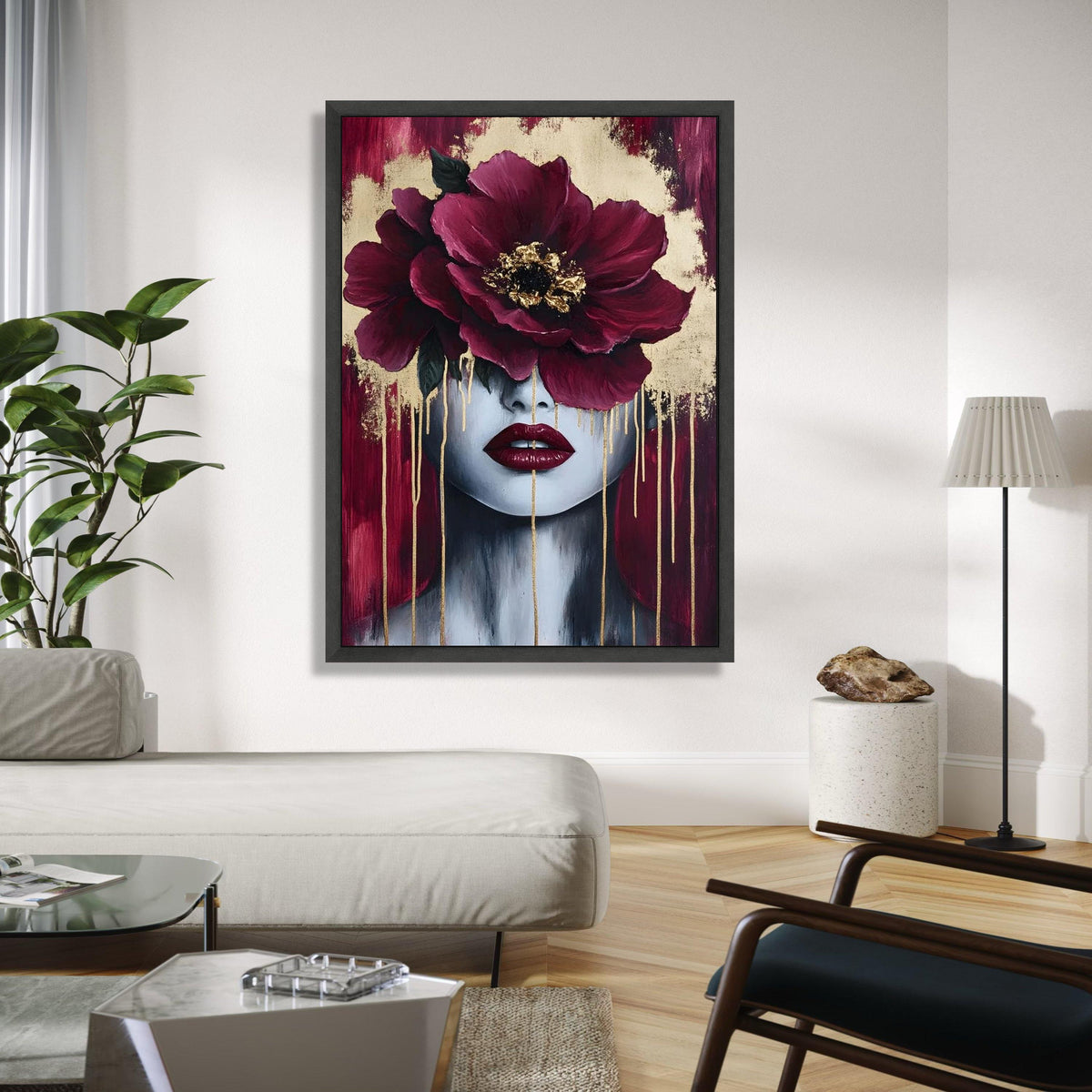 Modern Floral Face Canvas, Abstract Woman Portrait Wall Art, Burgundy Red Peony Canvas, Gold Accent Home Decor, Gift Art, Home Decor, Print