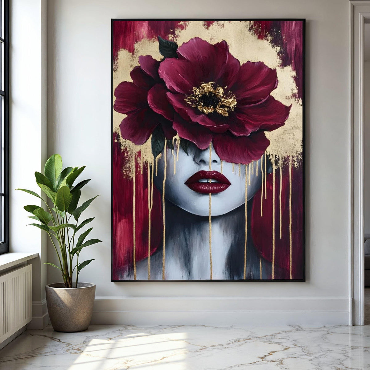 Modern Floral Face Canvas, Abstract Woman Portrait Wall Art, Burgundy Red Peony Canvas, Gold Accent Home Decor, Gift Art, Home Decor, Print
