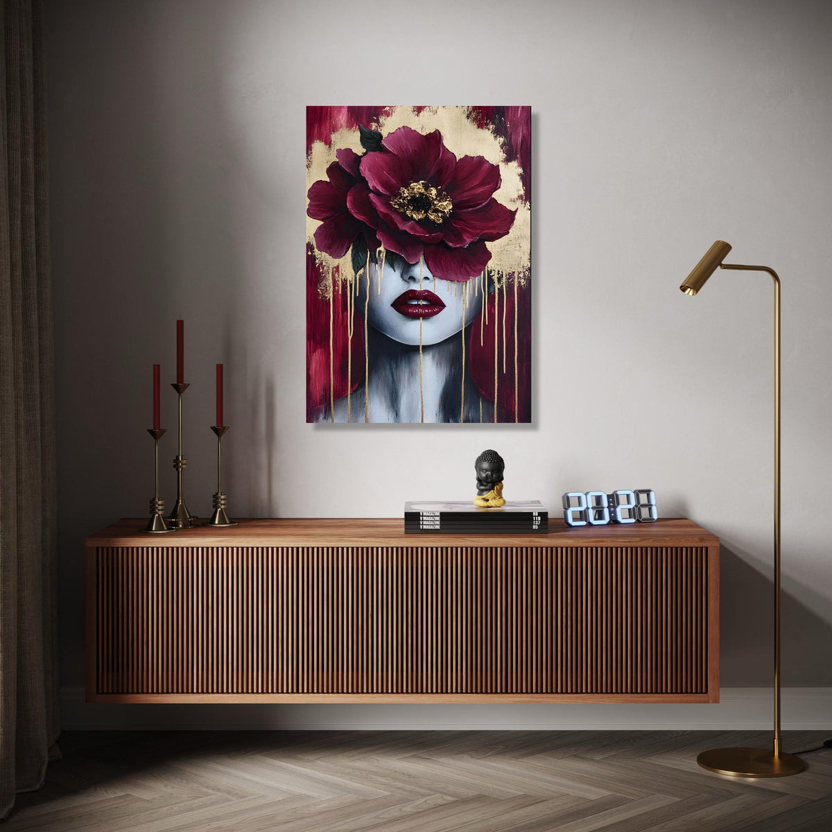 Modern Floral Face Canvas, Abstract Woman Portrait Wall Art, Burgundy Red Peony Canvas, Gold Accent Home Decor, Gift Art, Home Decor, Print