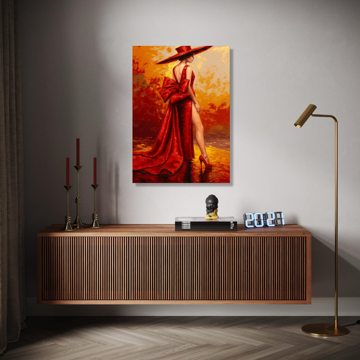 Elegant Woman in Red Dress Canvas, Fashion Art Print, Glamour Portrait Wall Art, Stylish Home Decoration, Red Gift Art, Home Decor, Print