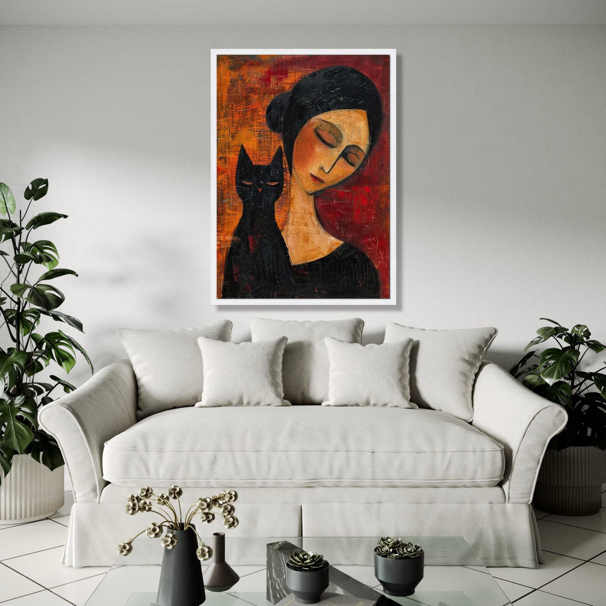 Elegant Woman with Black Cat Canvas Wall Art, Modern Figurative Painting, Moody Abstract Decor, Contemporary Gift Art, Home Decor, Print