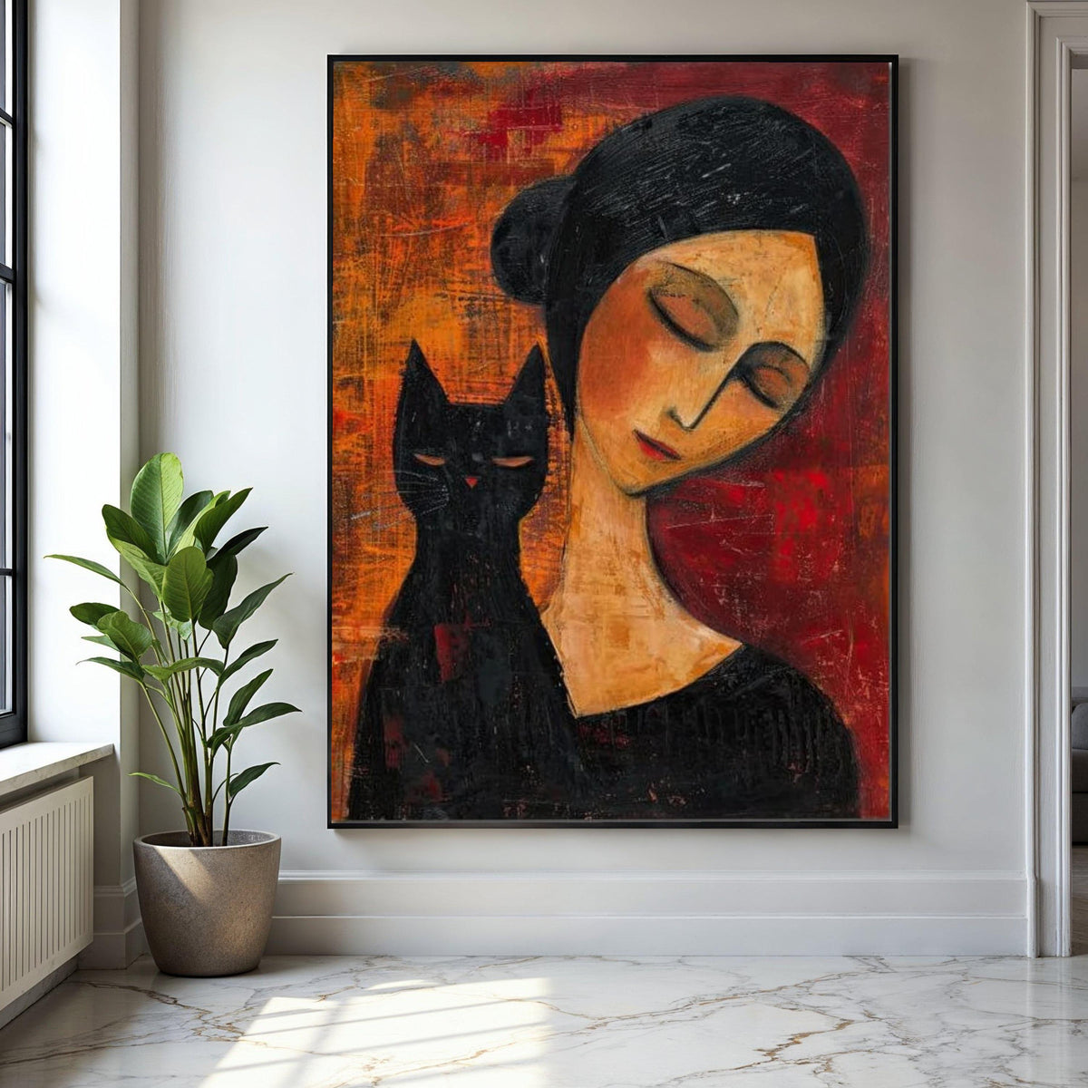 Elegant Woman with Black Cat Canvas Wall Art, Modern Figurative Painting, Moody Abstract Decor, Contemporary Gift Art, Home Decor, Print