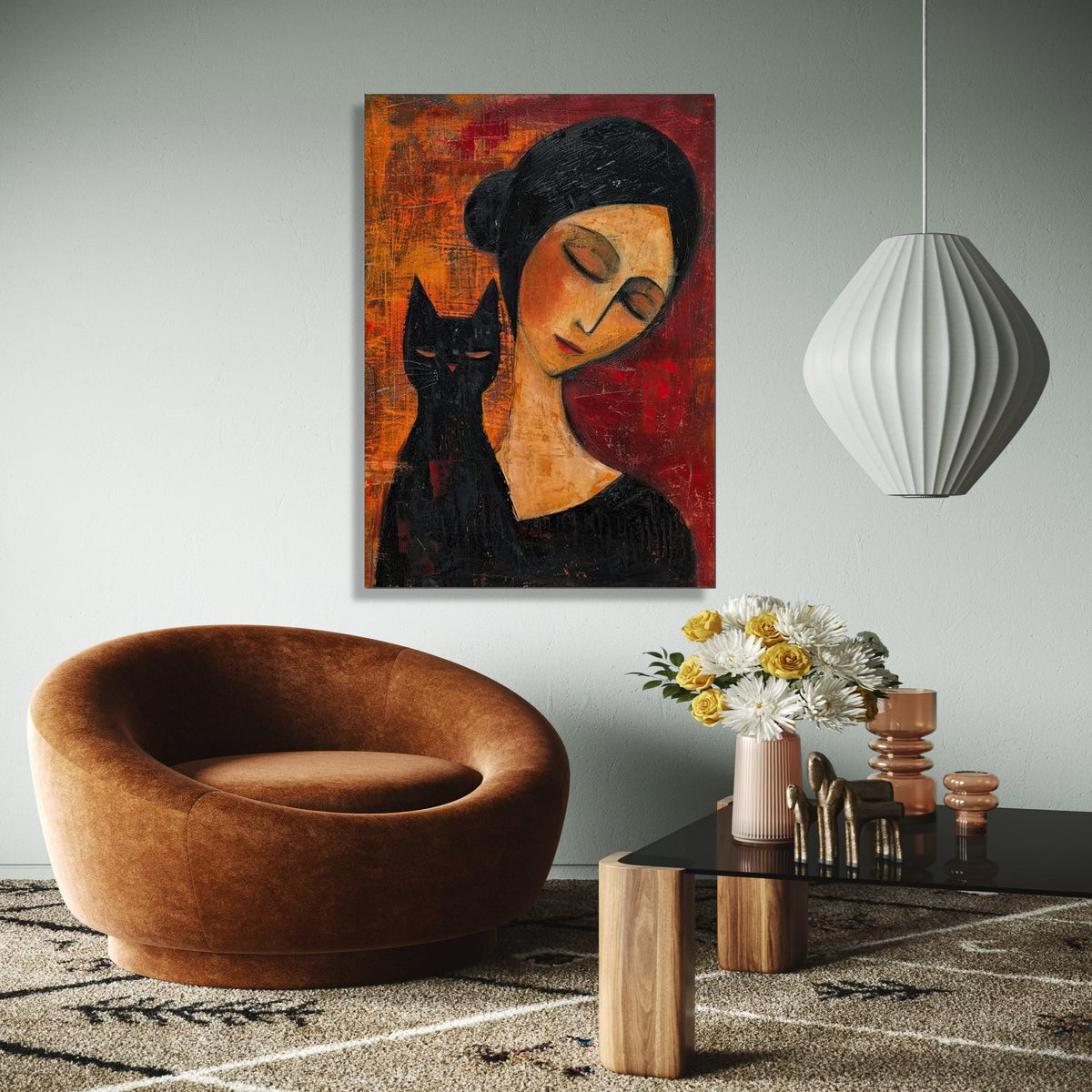 Elegant Woman with Black Cat Canvas Wall Art, Modern Figurative Painting, Moody Abstract Decor, Contemporary Gift Art, Home Decor, Print